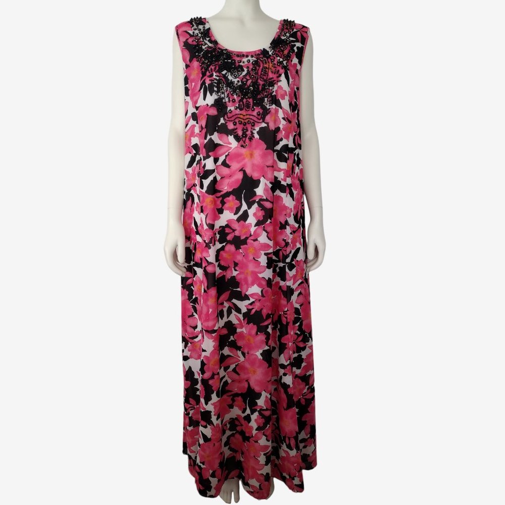 Jessica London Pink Floral Print Beaded Sleeveless Chiffon Maxi Dress